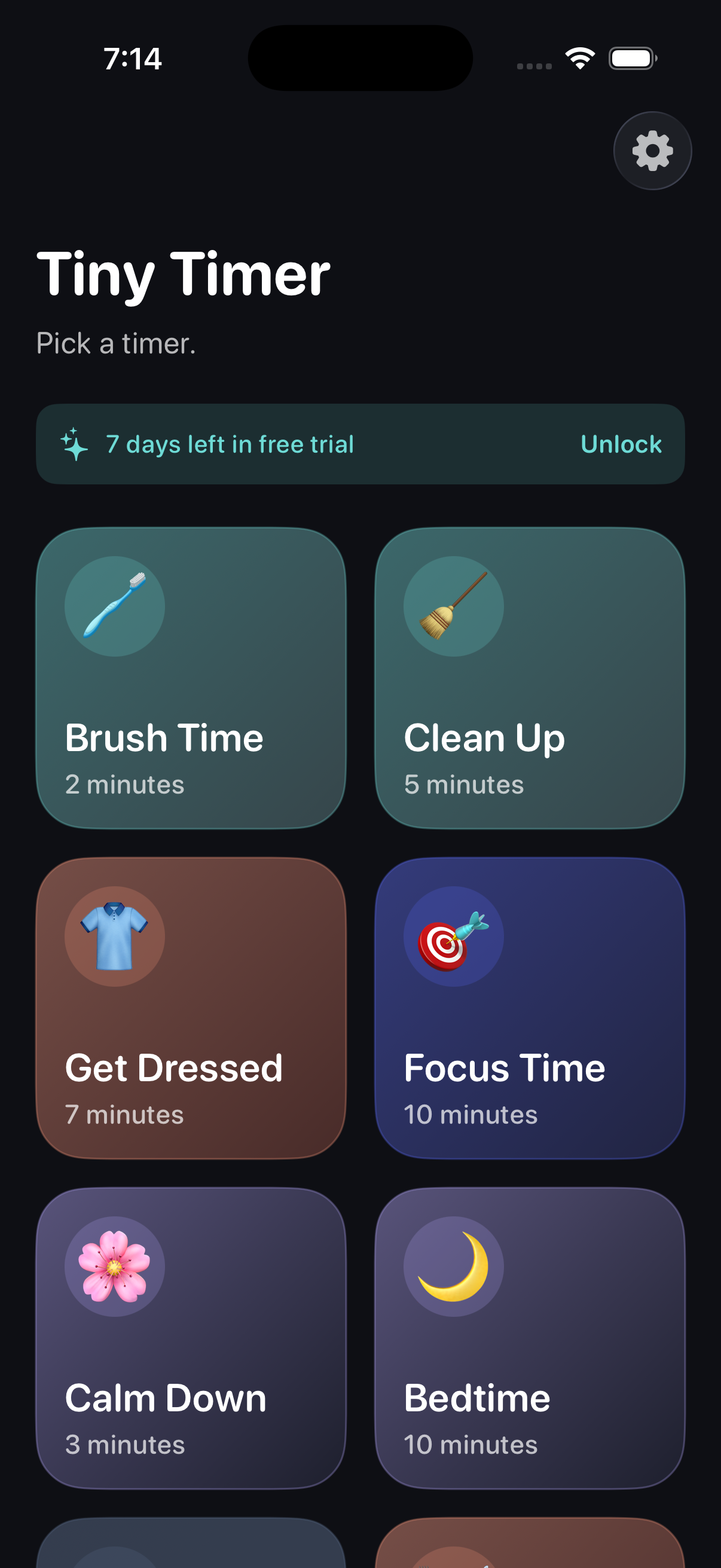 TinyTimer app showing activity selection screen